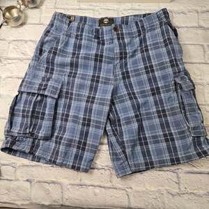 Y2K Timberland Men's Cargo Shorts 100% Cotton Twill Blue Plaid 2539J size 35